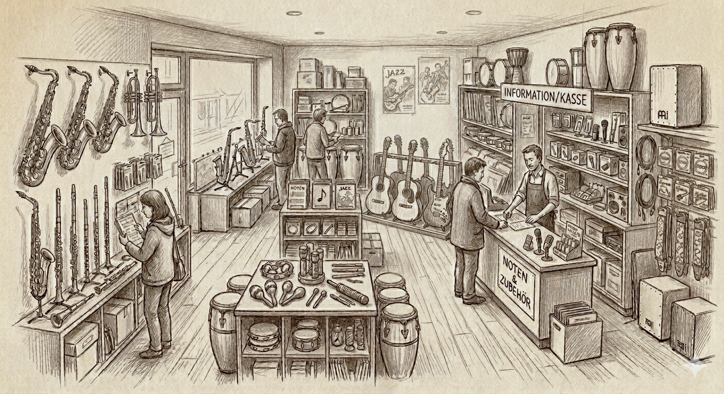 Ladenfläche, Gitarren, E-Gitarren, Saxophon, Cajon, Noten, Blöckflöte, Percussion, Stimmgerät, Saiten, Musikalien, Musikhaus, Musikhaus Rhein-Main, Musikhaus Darmstadt-Dieburg, Musikfachhandel 